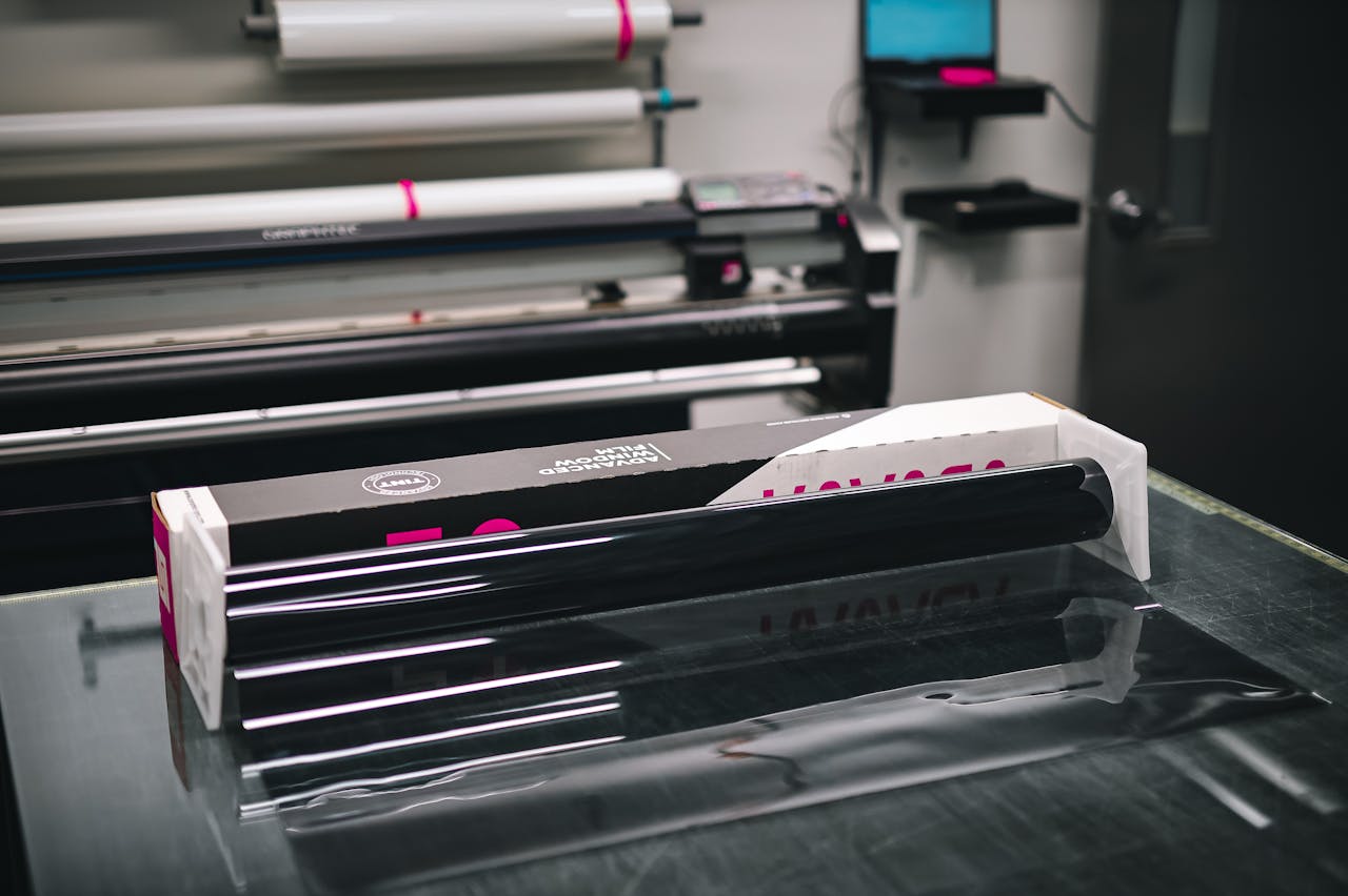 heros-img A glossy roll of vinyl material inside a modern print shop, ready for use in creating projects.